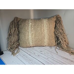 Boho Textured Lumbar Throw Pillow Fringe Accent Neutral farmhouse Organic Modern